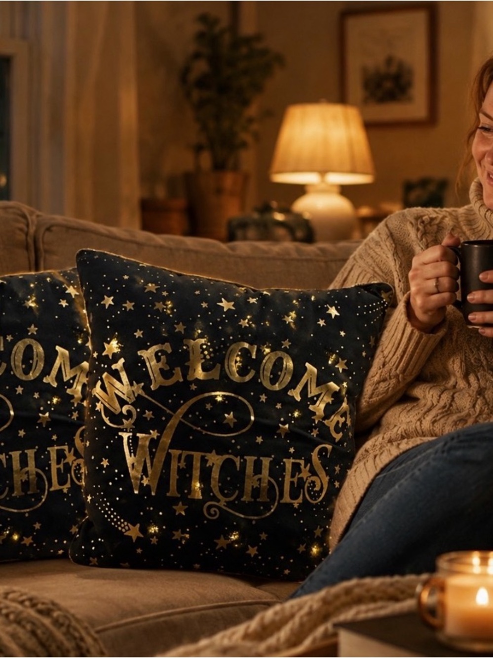 Ashland Black and Gold 'Welcome Witches' Decorative Pillow Halloween with Lights